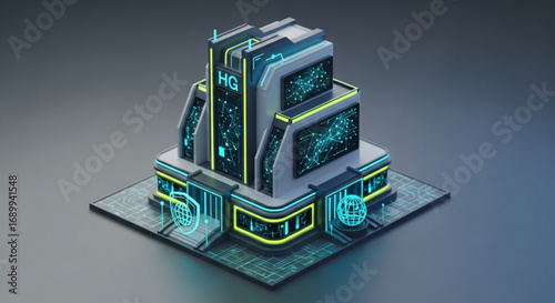 Futuristic headquarters building isometric illustration technology cyber security hq digital design