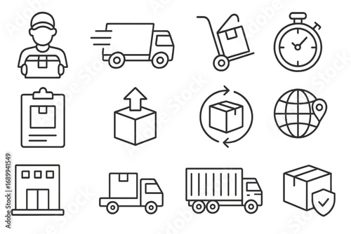 Delivery and logistics line icon set. Shipping service, transport, and e-commerce symbols. Courier, package tracking, freight cargo truck, and worldwide order fulfillment icons.