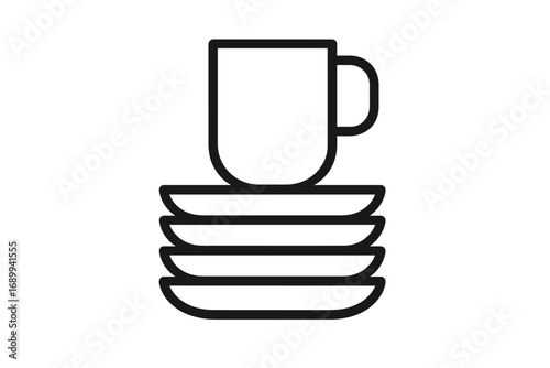 Dirty dishes icon. Stack of unwashed plates and cup. Washing up, kitchen chores, household tasks concept. Dishwashing line symbol. Minimal outline vector illustration.