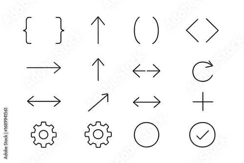 Universal line icon set. Thin line vector symbols. Arrows, brackets, gear, check mark. UI UX kit for web design, app interface. Navigation, settings, coding icons. Editable stroke.