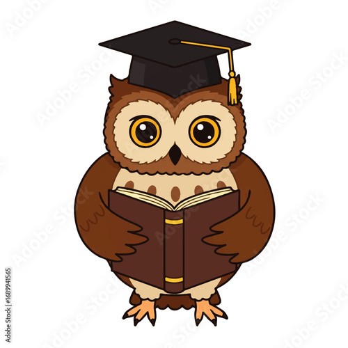 Wise Owl with Graduation Cap and Book.