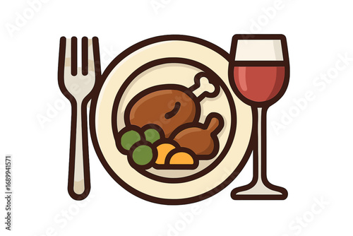 Roast chicken dinner plate with red wine and fork. Vector icon concept for restaurant menu, food app, fine dining. Holiday meal for Thanksgiving or Christmas celebration.
