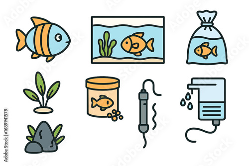 Aquarium and fishkeeping icon set. Vector cartoon illustration of pet fish, tank, aquatic plants, food, filter, heater, and other equipment for aquarists. Simple flat line art.