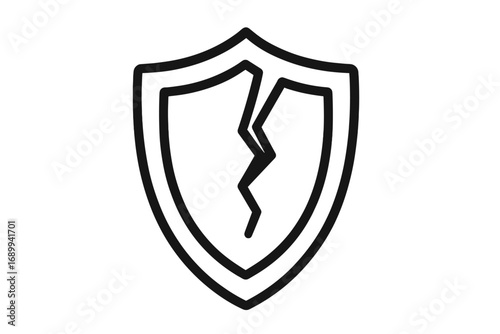 Broken shield icon. Metaphor for vulnerability, risk, danger, and unprotected systems. Concept of security failure, data breach, or cyber attack. Weak defense symbol.