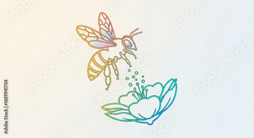 Honey bee flying to flower vector illustration, colorful honeybee pollinating flower, nature and spring design