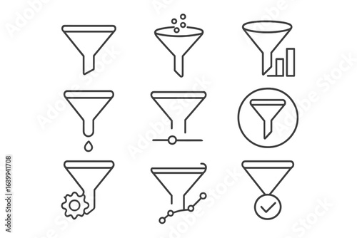 Filter and funnel thin line icon set. Vector symbols for data sorting, sales pipeline, and conversion. Icons for UI, UX, web design, apps, and business analytics concept.