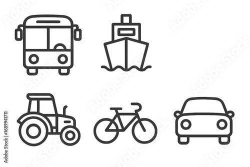 Set of thin line vector icons of transport modes for web, print, apps. Front view cartoon bus, ship, tractor, bicycle, car for placards, books, infographics, banners, editable stroke illustration.