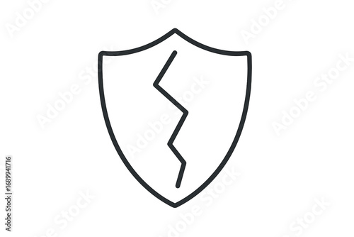 Broken shield icon. Cracked security sign. Unsafe, unprotected concept. Vulnerability, risk, and failure symbol. Data breach, cyber attack metaphor. Minimalistic outline vector.
