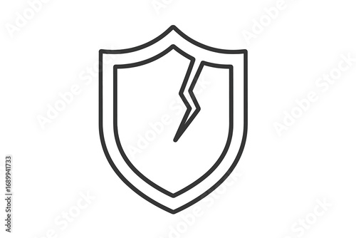 Cracked shield icon. Security failure, data breach concept. Unprotected symbol. Damaged defense sign. Metaphor for vulnerability, risk, danger, no protection, and system error.