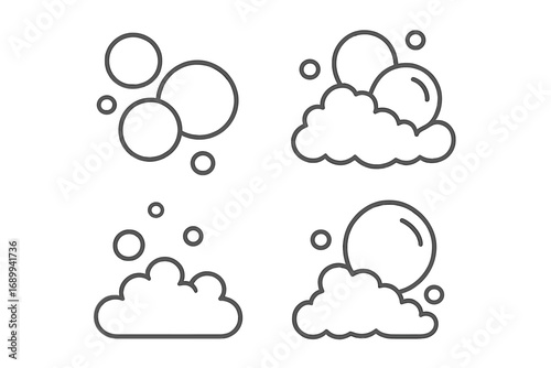 Bubble and foam thin line icon set. Soap suds and lather symbols. Vector illustration for cleaning, hygiene, and freshness. Effervescent water, liquid, or drink graphic elements.
