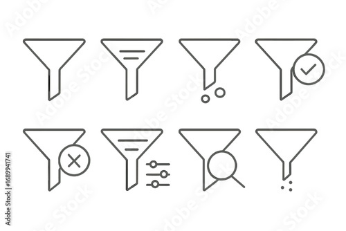 Filter and funnel thin line icon set. Vector collection for data sorting, web and app UI design. Symbols for search, settings, refining, and data processing concepts.