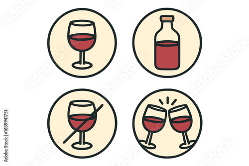 Red wine icons set. Vector glass, bottle, no alcohol sign, cheers. Simple line art for web, menu. Beverage, drink, celebration, party, bar, alcohol free, non-alcoholic concept.
