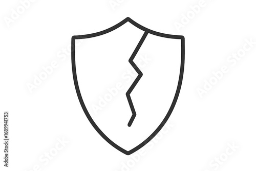Cracked shield icon. Broken protection symbol. Security breach, vulnerability concept. Unsafe, insecure, unprotected sign. Data leak, cyber attack metaphor. Defense failure.
