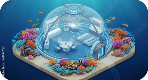 Underwater hotel room resort with coral reef and tropical fish vacation rental property travel destination concept