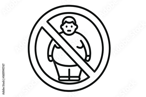 No fat people allowed sign. Concept for fat shaming, body positivity, discrimination. Overweight person prohibited icon. Unhealthy lifestyle, obesity, diet vector cartoon.