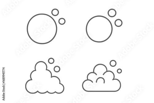 Bubble and foam icon set. Thin line vector symbols. Soap suds and lather illustration. Clean water drops and spray concept. Washing and laundry. Fizzy pop carbonated drink.