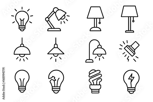 Light and lamp line icon pack. Vector set of lighting symbols, including lightbulbs, desk lamps, and ceiling lights. Idea and energy concept for web and graphic design.