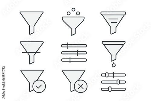 Filter and sort thin line icon set. Vector collection of funnel and slider signs for web design, apps, and UI UX. Data selection, control and settings symbols. Adjustment.