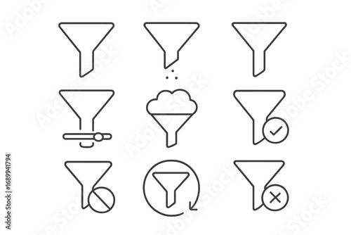 Filter and funnel thin line icon set. Vector symbols for data sorting, web filtering, and user interface selection. Concept of data processing, refinement, and organization.
