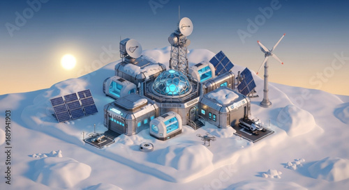 Futuristic arctic research base exploring renewable energy and sustainable living on a snowy landscape