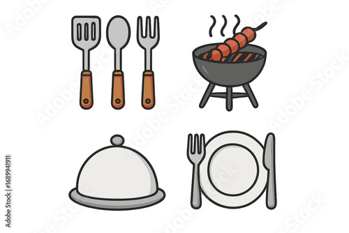 Cooking icon set with kitchen utensils, barbecue grill, and dinner plate. Vector flat line cartoon illustration for food, restaurant, menu, recipe graphics, and apps.