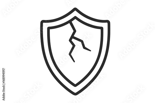 Cracked shield icon. Broken protection symbol. Vulnerability, data breach, insecurity concept. Vector line art illustration for web, app, ui, ux design. Defense failure.