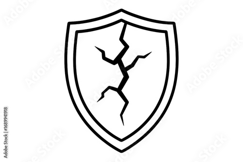 Cracked shield outline icon. Concept of vulnerability, risk, and broken security. Damaged defense symbol for data breach, failure, or attack. Vector line art illustration.