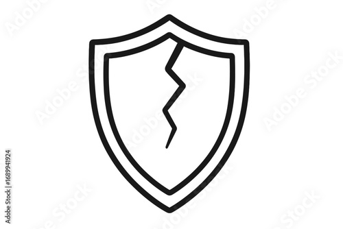 Cracked shield line icon. Broken security symbol. Concept of vulnerability, data breach, risk, and failure. Unsafe, unprotected defense. Cybersecurity attack danger warning sign.