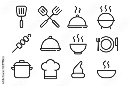 Cooking line icon set for restaurant menu and food app. Vector kitchen utensil collection. Chef, barbecue, grill, pot, plate, bowl, cloche. Culinary and gastronomy concept.
