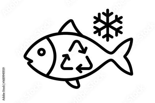 Frozen fish recycling line icon. Sustainable seafood processing concept. Eco friendly fishing industry. Fish freezing, conservation. Vector logo for web, apps, graphic design.
