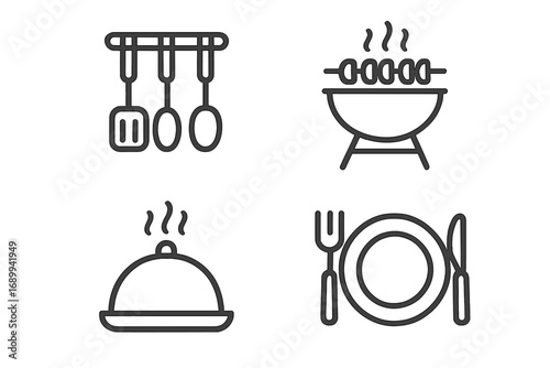 Cooking icons. Kitchen utensils. Barbecue grill. Hot food dish. Restaurant dinner plate. Simple outline vector icon set. Line art symbol collection for menu, web, app design.
