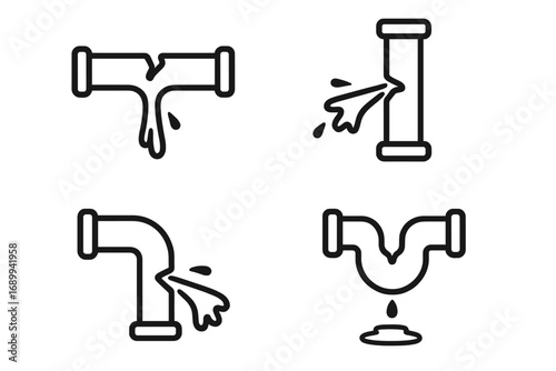 Broken pipes icon set. Water leak, burst pipe, and plumbing problem line icons. Vector illustration for home repair, maintenance, and pipeline damage. Drainage system failure.