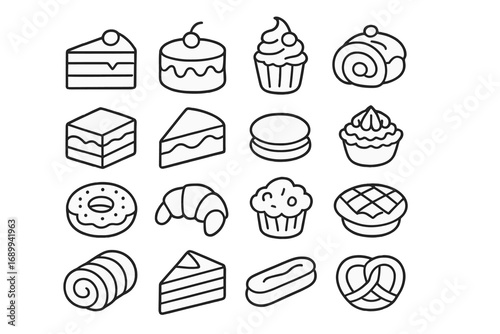 Dessert and bakery outline icon set. Cake, pastry, and sweets collection. Vector line art for cafe menu. Editable stroke symbols of cupcake, donut, croissant, and pie.
