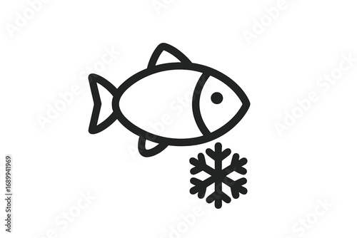 Frozen fish icon vector. Minimal linear pictogram of seafood with snowflake symbol. Concept of cold food storage, market product, freezing technology. Outline design element.