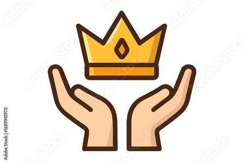 Hands holding crown. Concept of premium service, exclusivity and luxury. Symbol of success, quality and value. Vector icon for VIP, best choice and special offer.