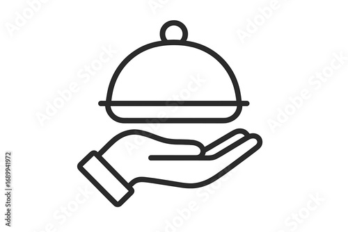 Hand holding serving platter with cloche. Concept for food service, delivery, catering, restaurant, waiter, and hospitality. Vector line icon for apps, web, and user interface.