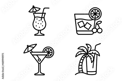 Beach cocktail outline icon set. Tropical drink & summer vacation alcohol beverage symbol collection. Linear graphic design elements. Vector illustration with editable stroke.