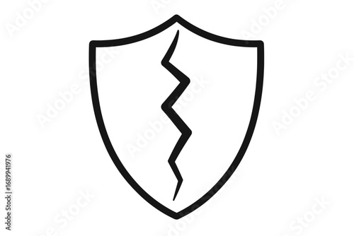 Cracked shield vector icon. Metaphor for vulnerability, broken security, and failed protection. Concept of data breach, cyber attack, or system failure. Unsafe, weak defense.