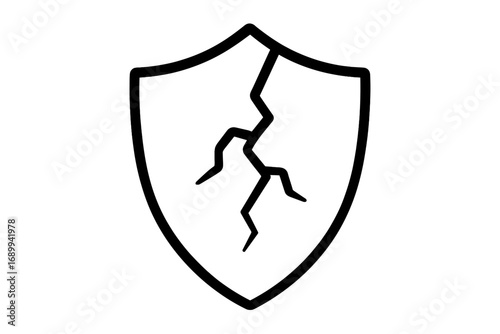 Cracked shield vector icon. Concept of vulnerability, broken security, failed protection. Symbol for data breach, risk, danger, cyber attack, and system error. Outline logo.