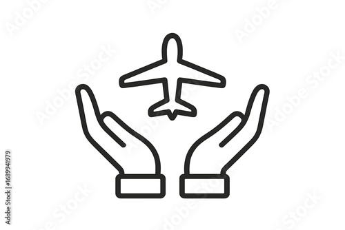 Travel insurance concept with hands protecting airplane. Flight safety and care symbol. Aviation service and support icon. Airline booking and trip protection vector logo.