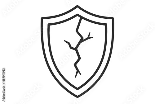 Cracked shield line icon. Concept security breach, vulnerability, risk. Symbol of weak defense, data leak, cyber attack, system failure, broken protection, unsafe, danger.