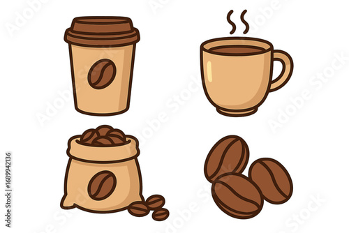 Coffee icon set vector cartoon illustration. Hot drink in a mug, paper cup to go, roasted beans in a sack. Isolated graphic elements for cafe menu, sticker, logo, caffeine concepts.