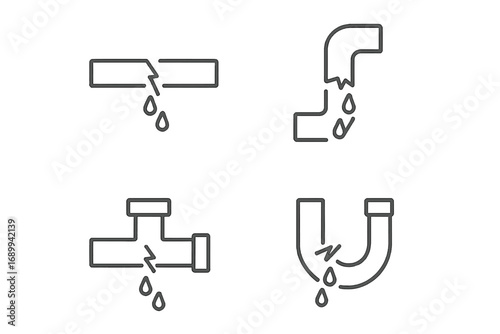 Broken pipe icon set. Leaking water tube, plumbing leakage pictogram. Minimalistic thin line vector illustration. Water damage, burst pipeline, drain problem concept.