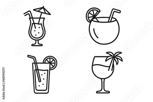 Summer cocktail icon set. Tropical beach drink collection. Line art vector illustration for vacation party. Bar menu elements. Juice, alcohol, coconut drink, glass with umbrella.