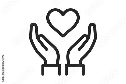 Hands holding heart line icon. Charity, donation, and volunteering symbol. Love, care, and support concept. Health care, community, and compassion sign. Vector illustration.