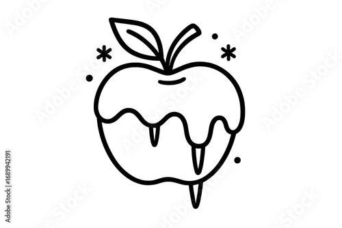 Frozen apple with icicles icon. Winter fruit concept. Frosted food with snow and ice. Cold weather dessert. Outline simple linear vector illustration for graphic design.