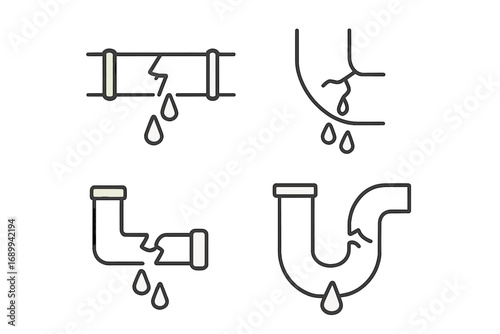 Broken pipe icon set. Leaking water pipe pictogram. Plumbing problem, burst pipeline, leakage concept. Thin line vector illustration for emergency repair service symbol.