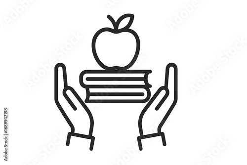 Education and knowledge concept. Hands holding books and apple. Thin line icon for learning, school, university, library. Symbol of study, wisdom, teaching, literacy vector.