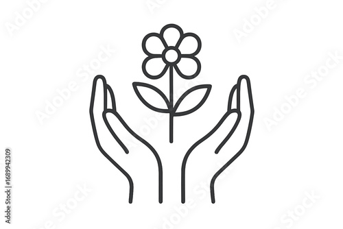 Hands holding flower line icon. Nature care, growth, organic concept. Ecology, sustainability symbol. Minimal vector sign for beauty, spa, wellness. Environmental protection logo.