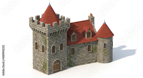 Medieval stone castle architecture with red roof tiles and towers isometric view for game asset design